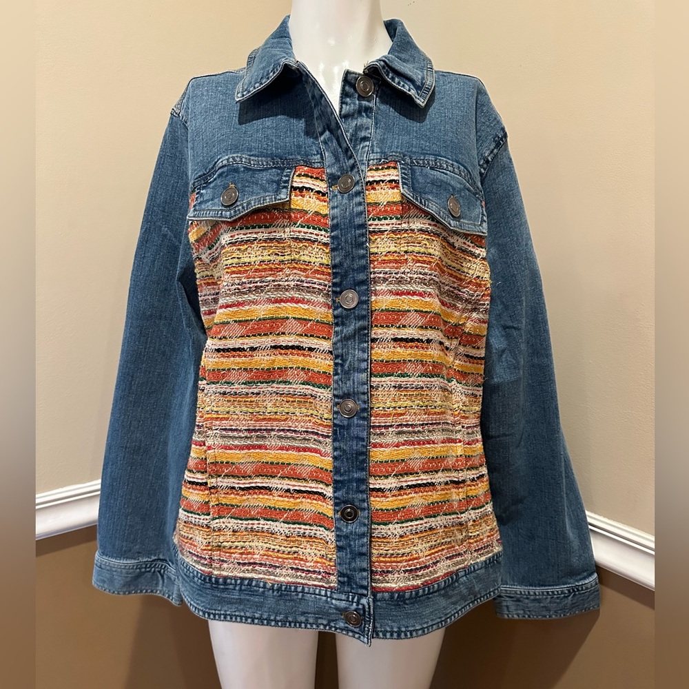 Chico's Blue Denim Jacket with Multicolor Pattern